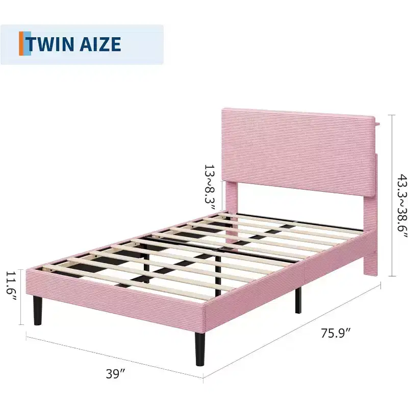 Twin Size Platform Bed Frame with Adjustable Corduroy Headboard, Charging Station & Storage, Pink