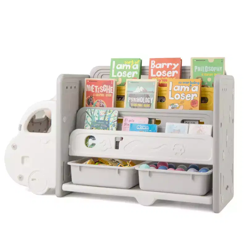 Costway 3-Tier Kids Toy Storage and Bookshelf with 2 Storage Boxes Decorative Car Head