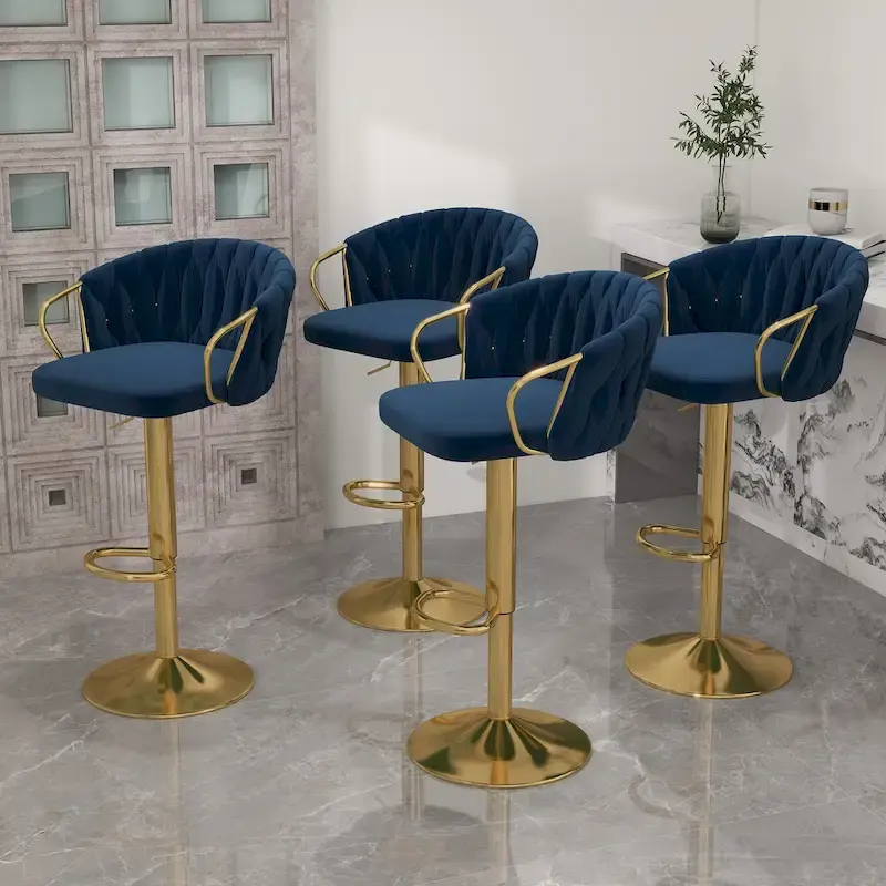 Set of 4 Bar Stool Adjustable Height Swivel Velvet Woven