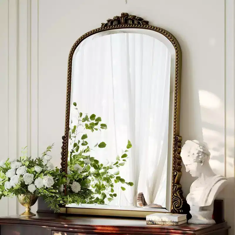 40x28 Wall Mirror, Arched Beaded Mirror with Metal Frame, Decorative Bathroom Vanity Mirror for Entryway, Bedroom, or Living Room