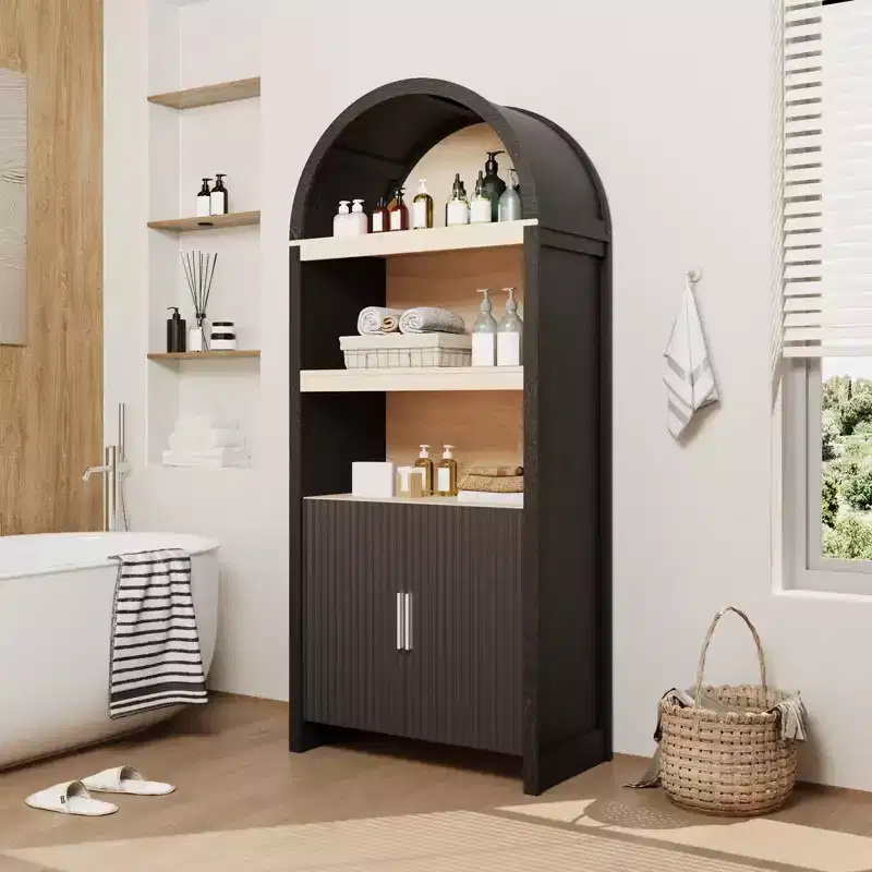 71 Arched Kitchen Pantry Cabinet, 5 Tier Wooden Display Cabinet, Freestanding Book Shelf with Adjustable Shelves, Bathroom Cabinet
