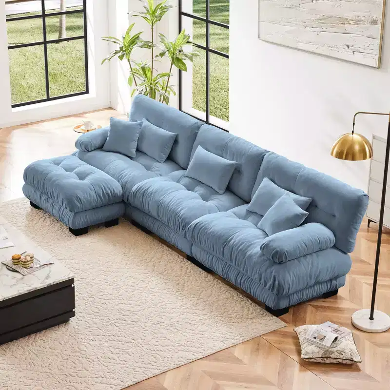 Oversized L Shaped Cloud Couch for Living Room Deep Seat Sofa Couch with Convertible Ottoman Chenille Light coffee