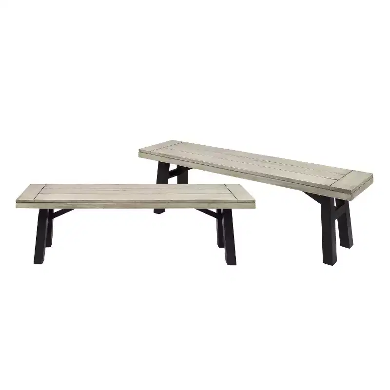 GDFStudio Betteravia Outdoor Acacia Wood Dining Benches (Set of 2), Light Gray Wash/Black