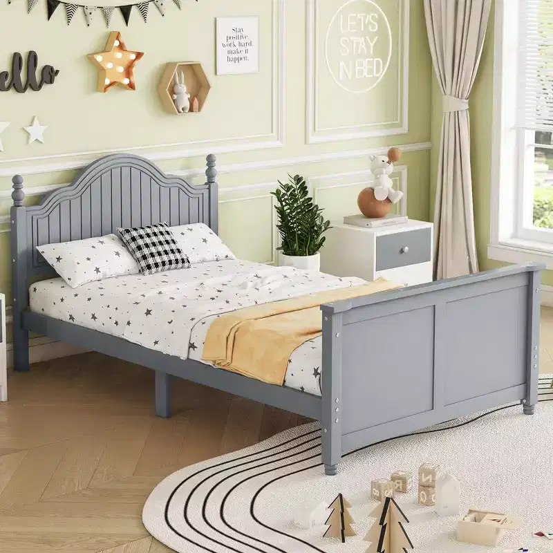 Whisen Twin Size Bed Frame, Wood Platform Bed with Headboard and Footboard, Around Safety Guardrails