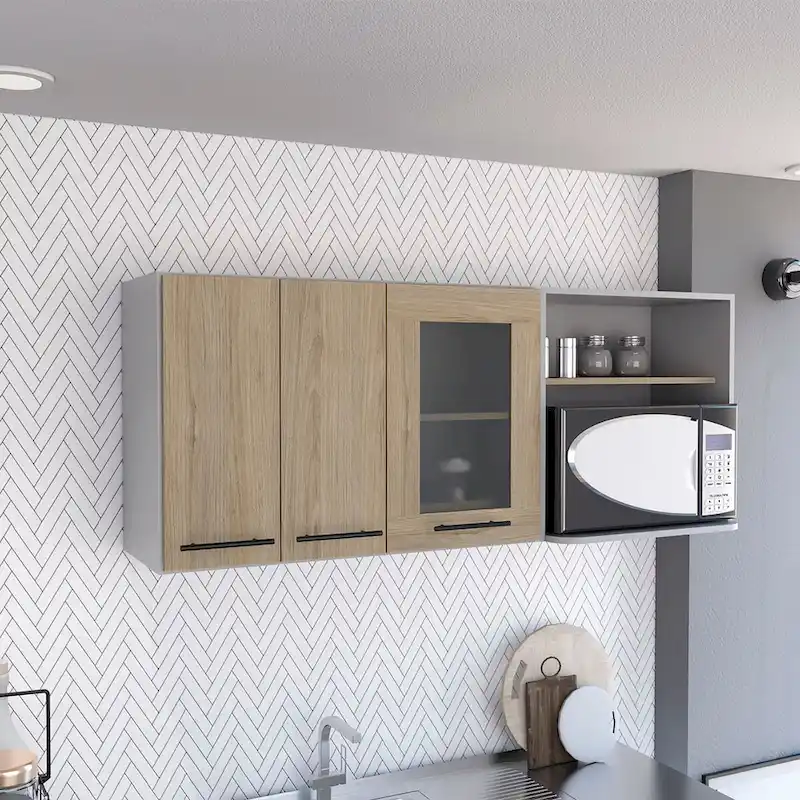Wall Cabinet, Double Door, Glass Cabinet, Rack -Light Pine
