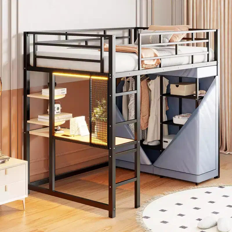 Twin/Full Size Metal Loft Bed with Desk, Shelves, Power Outlet, LED Light and Wardrobe, Black/White-