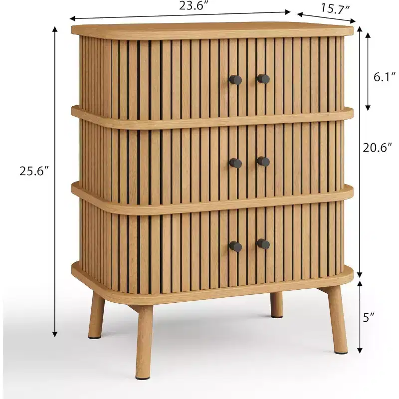 Mid-Century Wicker 3-Drawer Dresser, Natural Chest with Black Handles & Tapered Wood Legs