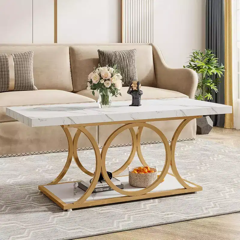 Lantine 46.45-inch Modern 2-Tier Coffee Table with Faux Marble Top, Geometric Legs, Storage Shelf for Living Room (White & Gold)