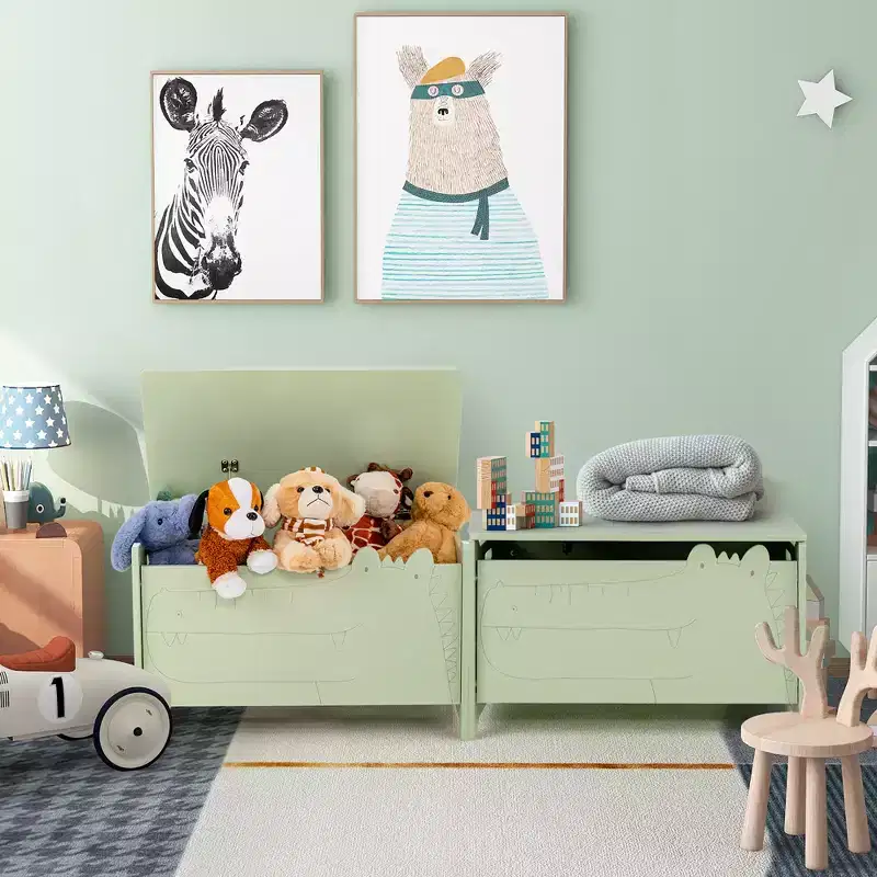 Kids Toy Box withSafety Hinge Wood Storage Chest Flip-Top Storage Organizer White/Green