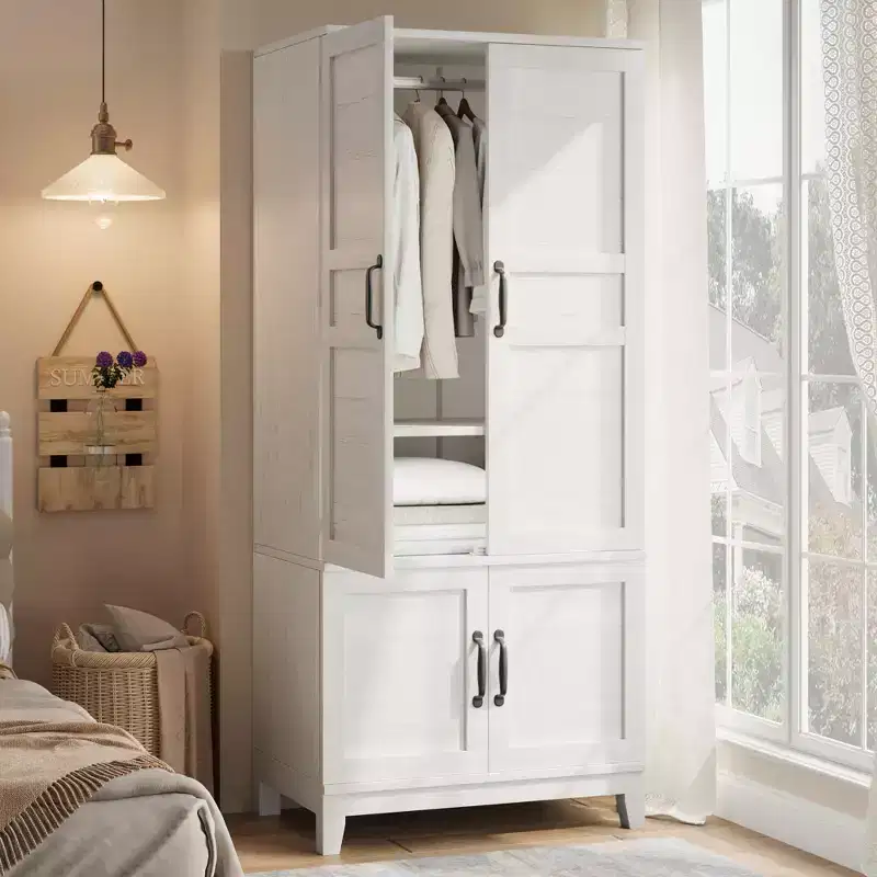 Armoire Wardrobe Closet with 4 Doors,72 in Wooden Wardrobe Cabinet with Hanging Rod, Freestanding Tall Clothing Armoire Storage Cabinet