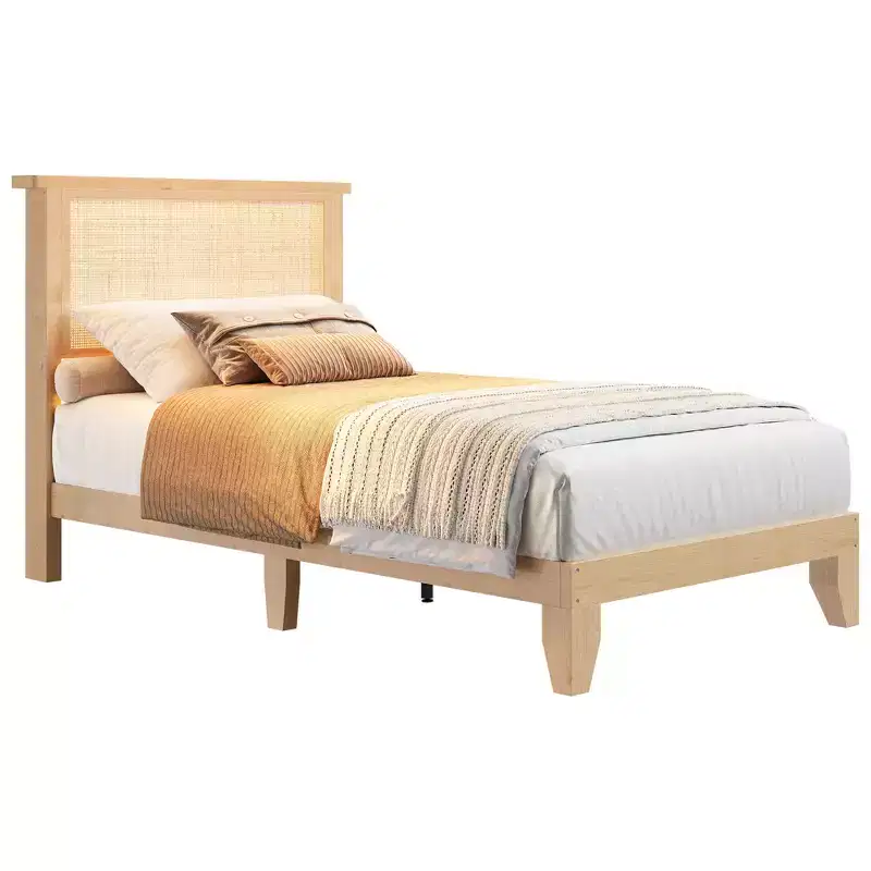 Bohemian Rattan Bed Frame  Natural Rattan Headboard, LED Lights, Sturdy Wood Silent Slats, Noise-Free, No Box Spring Needed  Bedroom Furniture