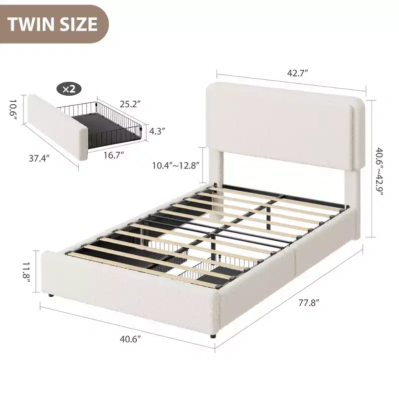Soft Teddy Fleece Bed Frame with 2 Storage Drawers, Adjustable Headboard,No Box Spring Needed, Easy Assembly, Cloud Cream Color