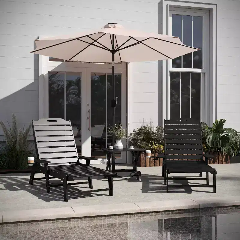 Flash Furniture Monterey Commercial Grade 3-Piece Indoor/Outdoor Adirondack Set with 2 Adjustable HDPE Loungers with Cup Holders and Folding Side Table