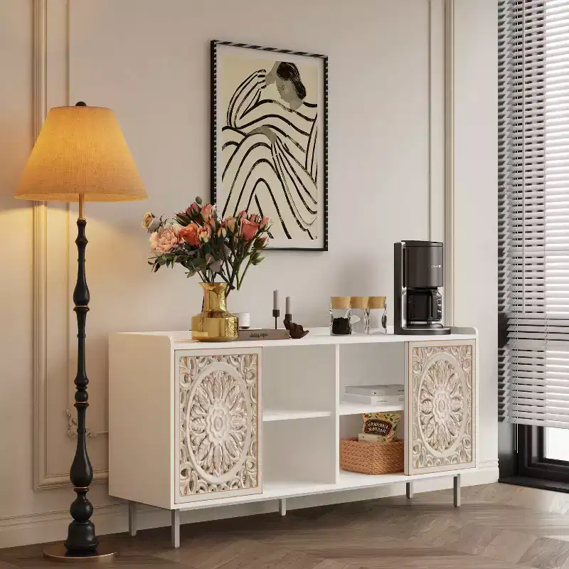 Retro Farmhouse Sideboard Buffet Cabinet - 2 Hollow-Carved Sliding Doors, 2 Shelves, 58.66 Inch