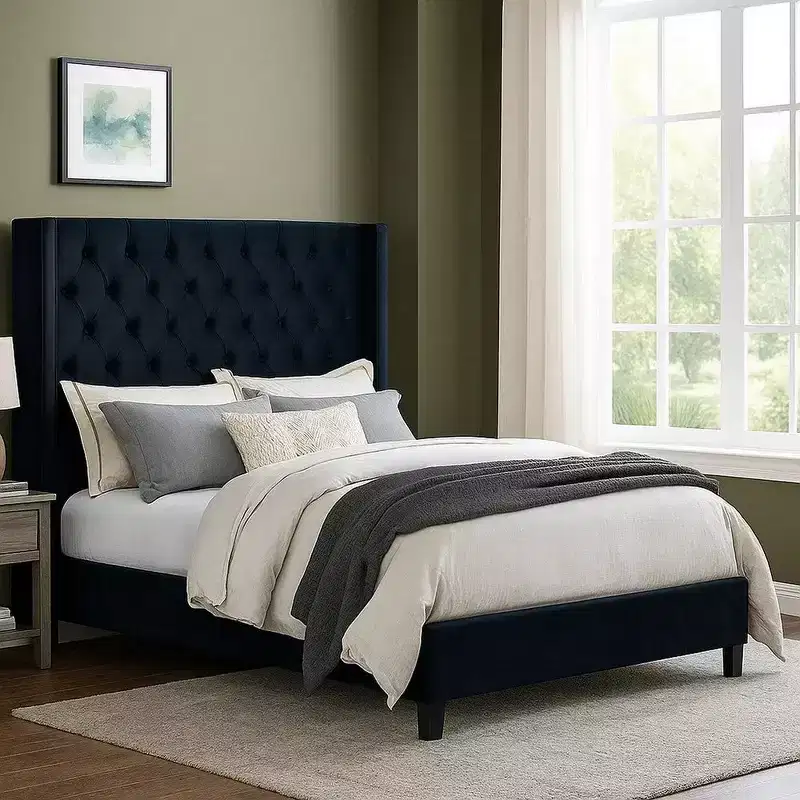 Royal Hampton Queen Size Bed, Wingback Headboard In Black Velvet Like Upholstery