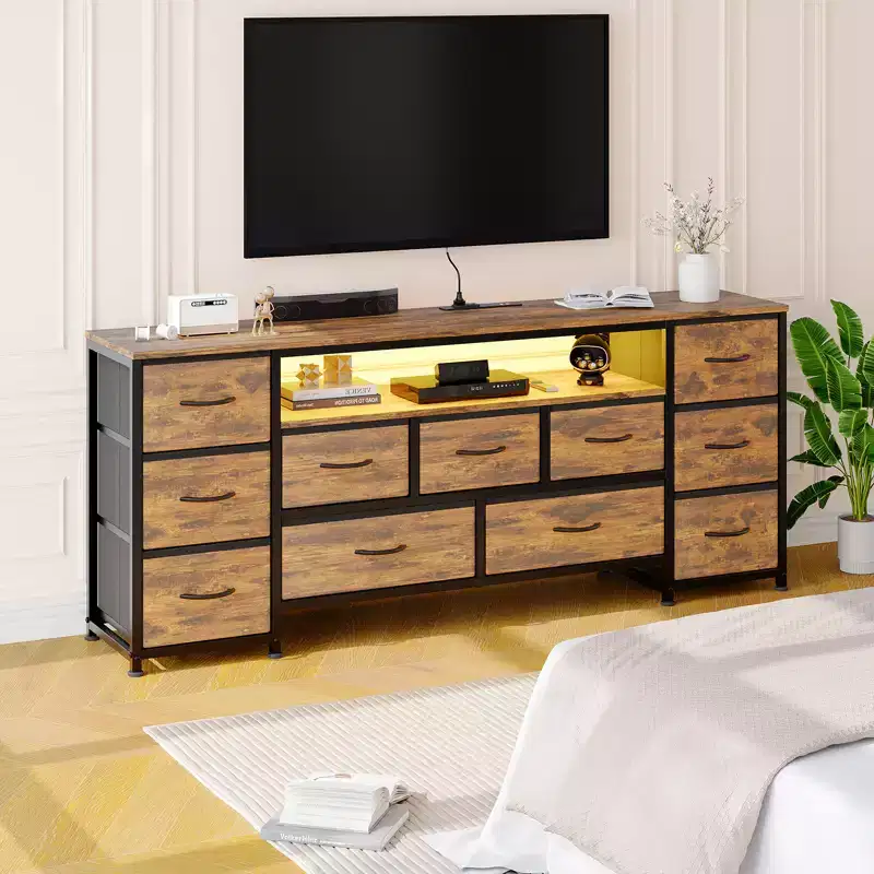 11 Drawer Dresser for with Power Outlets and LED Lights, 63 Inch TV Stand for 65, 70 Inch TV, Entertainment Center with Storage,Wide Chest of Drawers