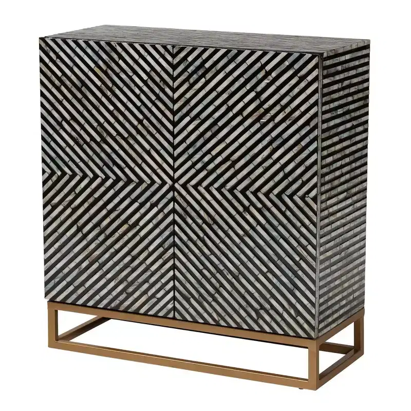 Baxton Studio Belenus Two Tone Mother of Pearl and Metal Storage Cabinet Striped Black/Gray/Gold: Elegant Accent, No Assembly Required