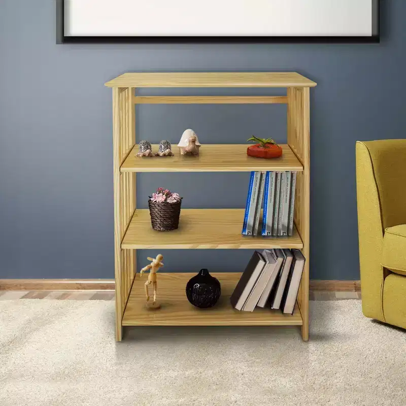 42" 4 Shelf Folding Bookcase Natural  Pine Frame, Lacquered Finish, No Assembly Corner Shelves