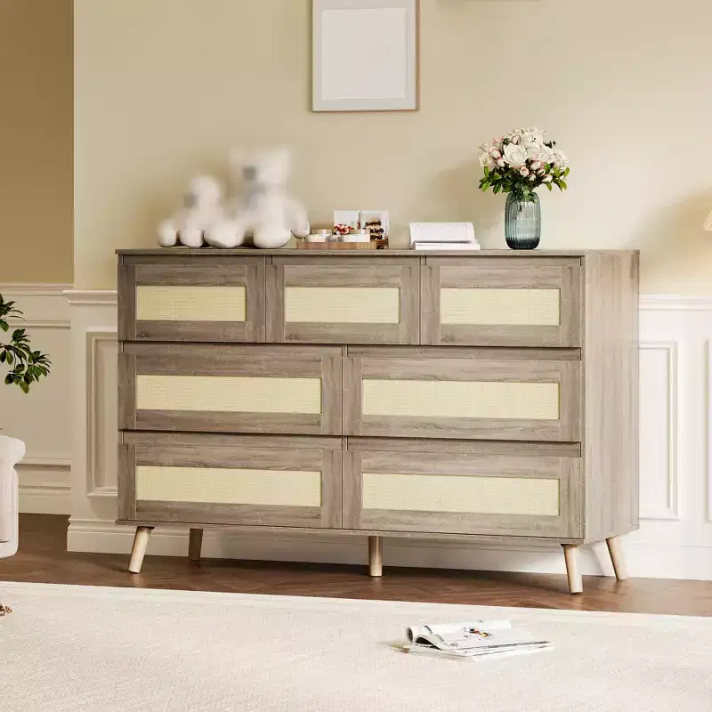 7 Drawer Dresser for Bedroom, Rattan 47'' Wide Chest of Drawers, Wooden Storage Dressers Organizer, Media Console Table for Living Room Hallway