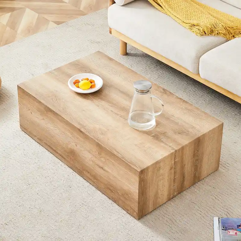 Modern Rectangular Coffee Table with Solid Base, Wooden Center Table with Imitation Marble Texture for Living Room