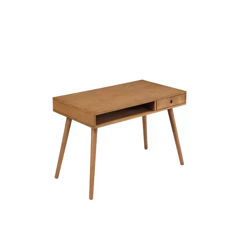 Parker Mid-Century Desk with Drawer Acacia Light Brown: MDF Top, Solid Wood Legs, Home Office Furniture