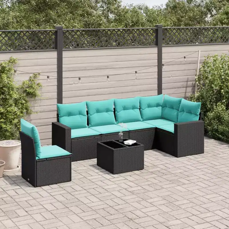 7 Piece Patio Sofa Set with Cushions Black Poly Rattan