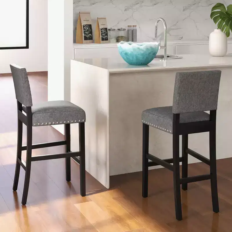 Costway Set of 2 Counter/Bar Height Chairs with Solid Rubber Wood Frame & Adjustable Foot Pads Gray & Dark Brown
