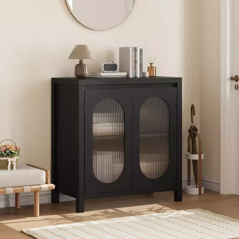 Sideboard Cabinet for Living Room & Dining Room - Black Accent Storage with Adjustable Shelves & Glass Doors, Small Console Cabinet