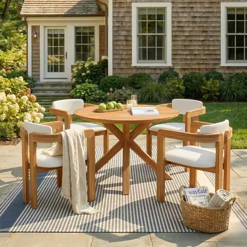 ModernLuxe 5pcs Outdoor Acacia Wood Round Dining Table Set, 47 Patio Table with 4 Cushioned Barrel Chairs for Garden/Patio/Backyard