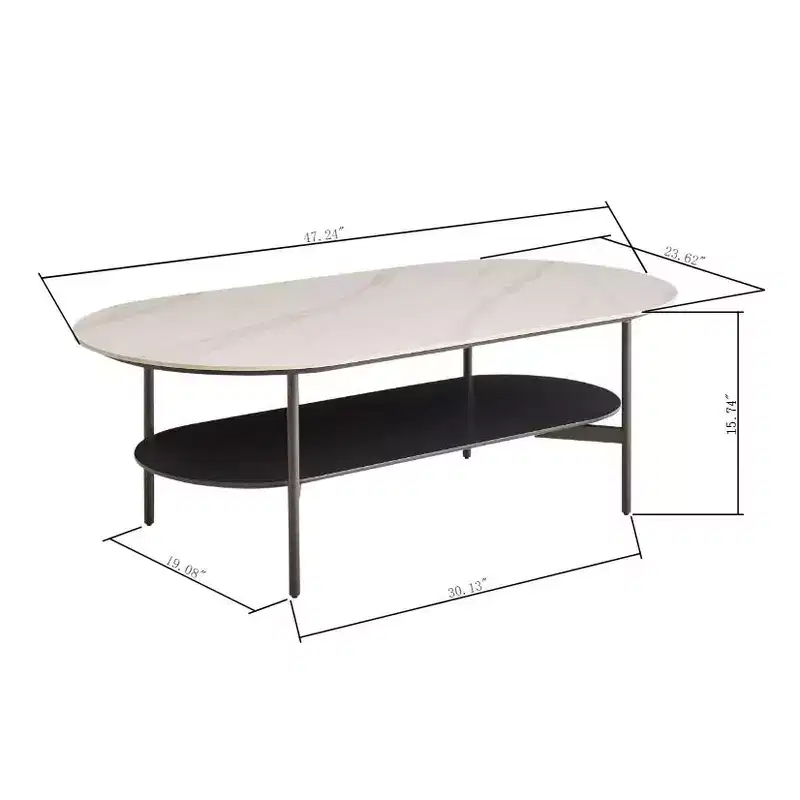 JVNOXK White Ceramic Top Coffee Table with Coffee Brown Lower Shelf, 2-Tier MDF & Steel Frame Coffee Table for Living Room