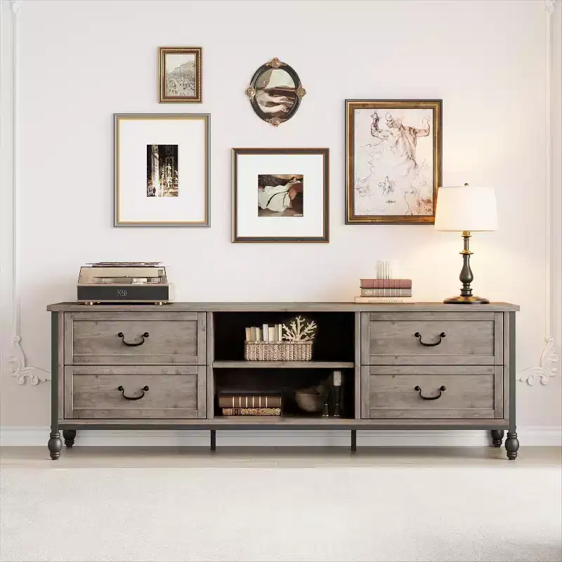 64.6 Mid-Century Modern TV Stand with Storage, Entertainment Center Featuring Metal Roman Columns and Drawer, TV Console Table for Living Room