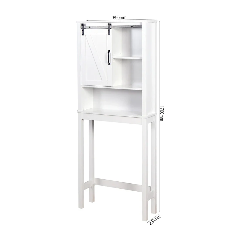 Over-Toilet Storage Cabinet with Barn Door – White, Beadboard Back, Adjustable Shelves