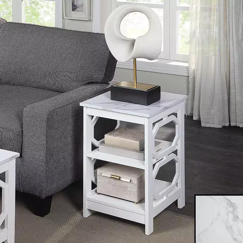 End Table with Shelves and Octagon Cut Out Sides, Contemporary Three-Tier Storage Accent Side Table for Living Room