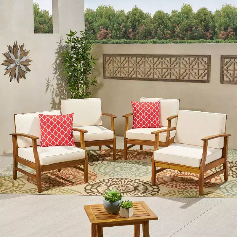 GDFStudio Abena Outdoor Acacia Wood Club Chairs with Cushions (Set of 4)