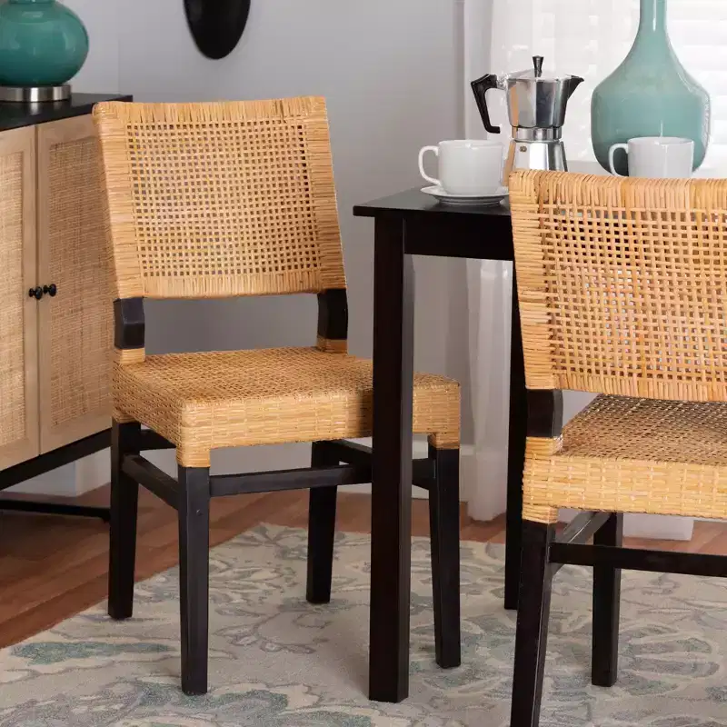 Modern Bohemian Natural Brown Rattan and Espresso Brown Mahogany Wood Dining Chair