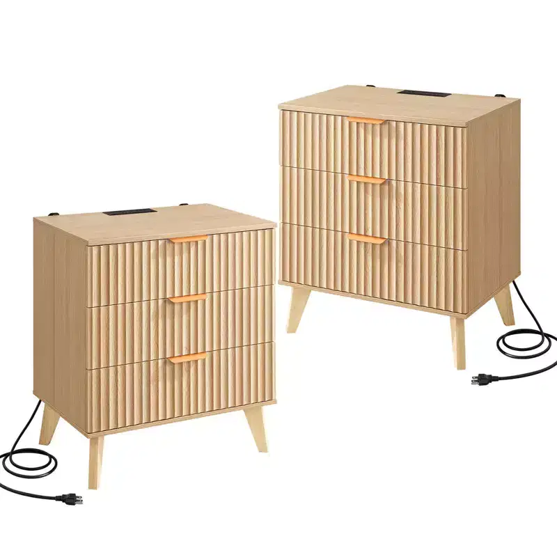 Fluted Nightstands with Charging Station, Set of 2, Dresser for Bedroom with 3 Drawers, Mid Century Modern End Table, Chest of Dresser, Brown