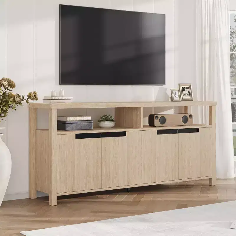 63 in. Farmhouse TV Stand for TVs up to 70 in., Rustic Entertainment Center with 4 Doors and Open Shelf