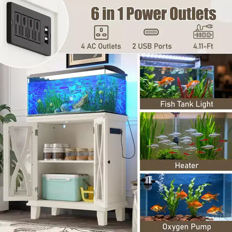 Farmhouse Wood Aquarium Stand with Power Outlets and Adjustable Shelves