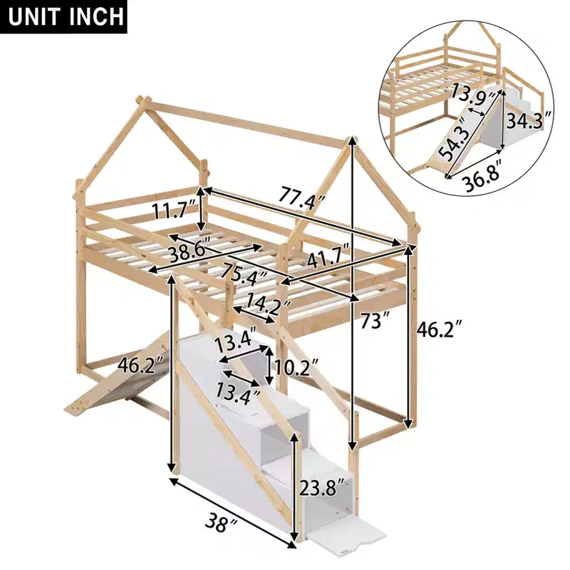 Bellemave Twin over Twin House Loft or Bunk Bed with Slide and Staircase, Natural