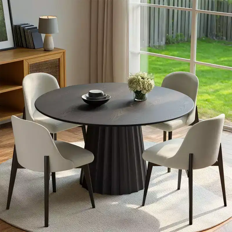 PexFix 46 Modern Round Dining Table Set with 4 Upholstered Chairs Black Textured Wood Top Pleated Pedestal Base Beige Seats for Kitchen Dining Room