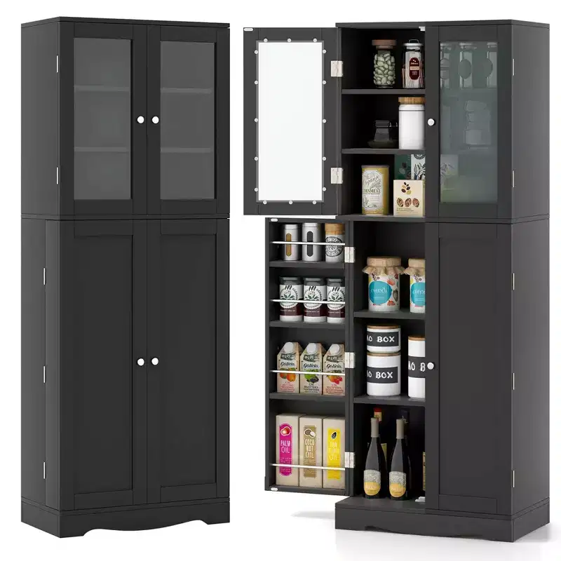 Costway 63.5 Tall Kitchen Pantry Storage Cabinet with Glass Door Storage Shelves Black/White