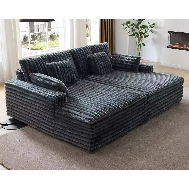 AMERLIFE 93 Double Chaise Lounge Sofa for Two, Deep Seat Cloud Couch with Lumbar Pillows & Wide Armrests, Easy Assembly, Faux Fur