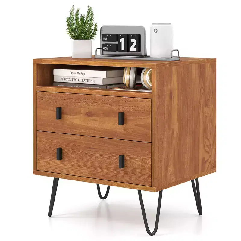 Costway 1/2 PCS 2-Drawer Nightstand with Storage Compartment, Metal Hairpin Legs for Living Room Walnut/Natural