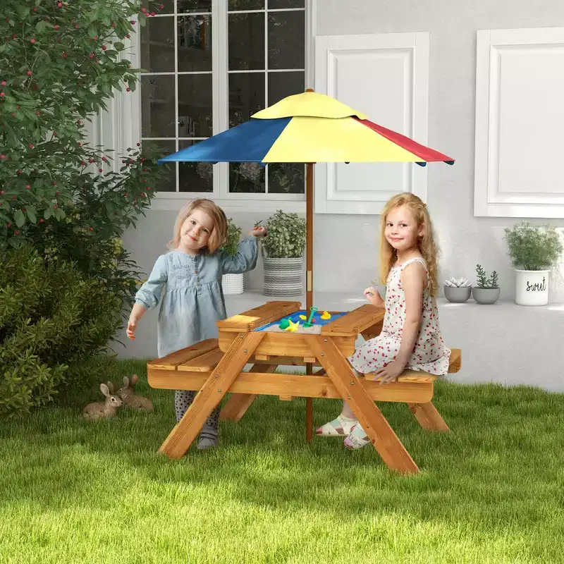 Outsunny Kids Picnic Table, 3 in 1 Sand and Water Activity Table w/ Foldable Umbrella, 2 Play Boxes, Removable Top, Aged 3-6 Years Old, Teak