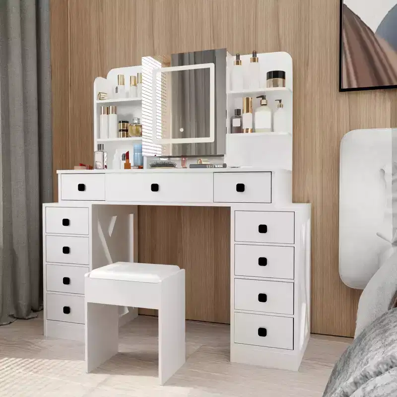 Okak Farmhouse Vanity Desk with Sliding Mirror, Makeup Vanity with Charging Station, Makeup Desk with Sponge Soft Stool for Dressing Room, White
