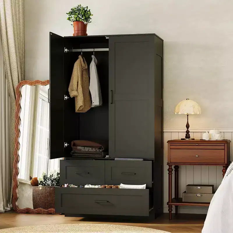 CuisinSmart Wardrobe Closet - 70 Freestanding Bedroom Portable Closets with Hanging Rod and 3 Deep Storage Drawers, Wooden Organization Clothing