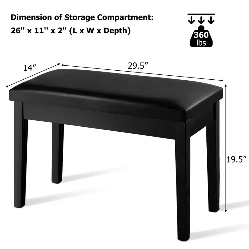 Costway PU Leather Piano Bench Padded Double Duet Keyboard Seat Storage Black
