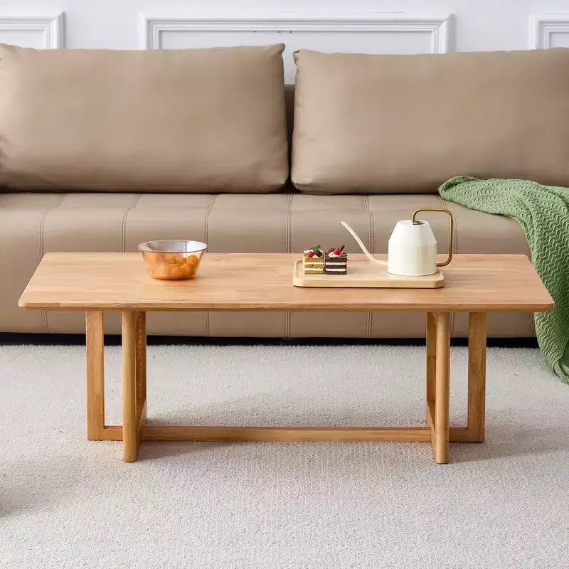 Rustic Wooden Rectangular Coffee Table with Rattan Imitation