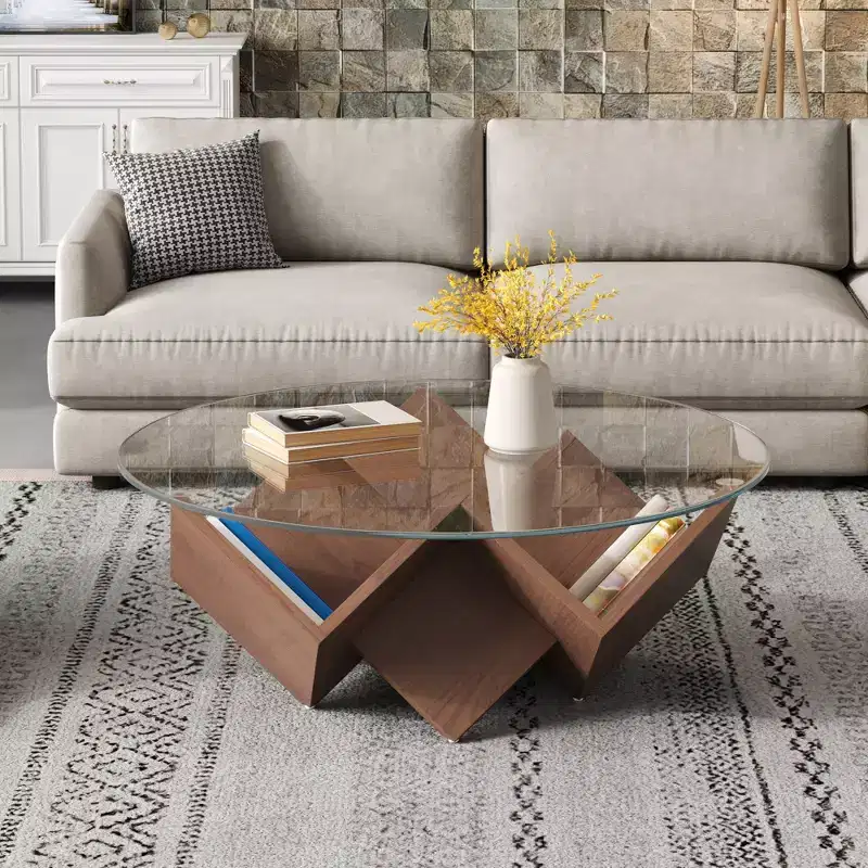 Round Coffee Table Glass Cocktail Table Center Table Sofa Side Table Accent Table with Geometric Abstract Art Base Storage Shelf, Walnut