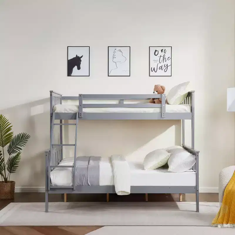 MAYEERTY Twin over Full Bunk Bed for Kids, Wooden Bed Frame with High Guardrail and Ladder, No Box Spring Needed, Gray